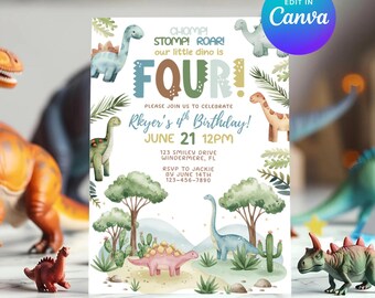 May include: A birthday invitation with a dinosaur theme. The invitation features the text "FOUR!" and "Rkyer's 4th Birthday!" with illustrations of various dinosaurs and a landscape. The invitation is surrounded by toy dinosaur figures.