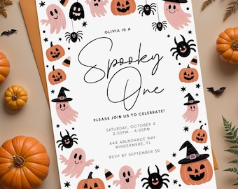 Spooky One Birthday Invitation: Pink Halloween 1st Birthday (Digital Download)