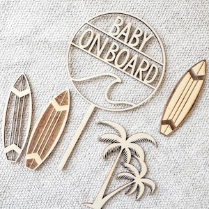 Baby on Board Cake Topper for Baby Shower, Surfboard & Wave Design, Personalized Name Cake Topper, Coastal Beach Theme Party Decor