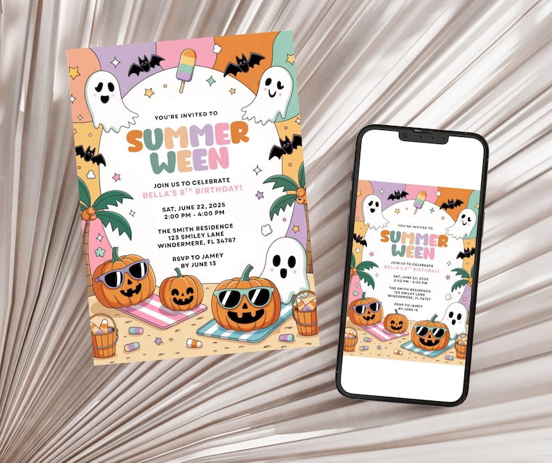 Summerween Birthday Party Invitation Editable Template Halloween Pool Bash Kids Costume Swim Invite Spooky Fun Instant Download Canva image 2