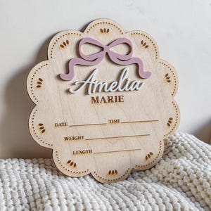 Letrero de fecha de nacimiento, letrero con lazo, nombre del bebé, niña rosa, decoración personalizada para guardería, anuncio, hospital, accesorio fotográfico para recién nacidos, placa de hito, encaje