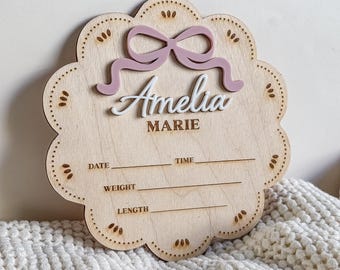 Birth Stat Sign Bow Sign Baby Name Pink Girl Personalized Nursery Decor Announcement Hospital Newborn Photo Prop Milestone Plaque Lace