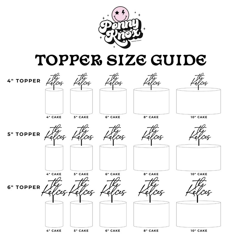 May include: A size guide for cake toppers, showing different topper sizes on cakes ranging from 4 to 10 inches in diameter. The guide features a black script font that says "The Kelces" on each topper.