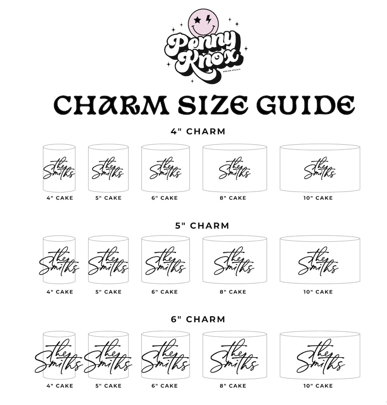 May include: A size guide for cake toppers, showing the size of the topper in inches and the size of the cake it will fit. The guide shows toppers in 4", 5", and 6" sizes, and cakes in 4", 5", 6", 8", and 10" sizes.