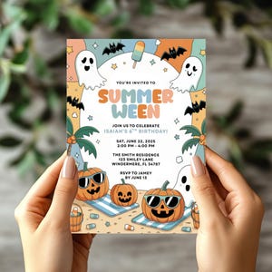 May include: A colorful invitation for a "Summerween" birthday party. The design features pumpkins wearing sunglasses, ghosts, bats, and an ice pop. The text reads "You're invited to Summerween" and includes party details.