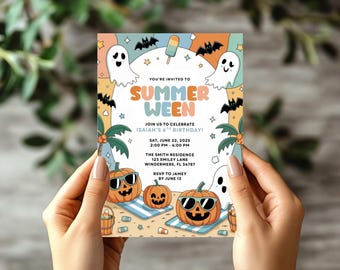 Summerween Birthday Party Invitation Editable Boy Template Halloween Pool Bash Kids Costume Swim Invite Spooky Fun Instant Download Canva