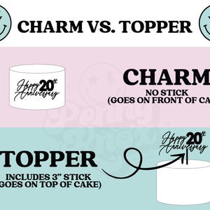 May include: A graphic showing the difference between a cake topper and a cake charm. The topper includes a 3-inch stick and is placed on top of the cake. The charm is placed on the front of the cake and does not have a stick. Both items feature the text "Happy 20th Anniversary".