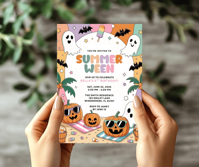 Summerween Birthday Party Invitation Editable Template Halloween Pool Bash Kids Costume Swim Invite Spooky Fun Instant Download Canva image 1