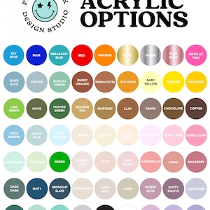 May include: A color chart with 100 different acrylic paint colors. The chart is organized in rows and columns, with each color having a name and a small circle of paint. The colors include a variety of shades of blue, green, red, orange, yellow, brown, pink, purple, and gray.