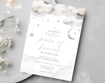 A Little Piece Of Heaven Baby Shower Invitation Editable Cloud Theme Moon Heaven Sent Dreamy Canva Instant Download Blessing Gender Reveal