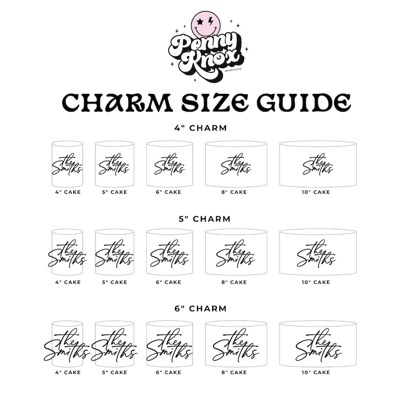 May include: A chart showing the size of cake toppers for different cake sizes. The chart shows the size of the cake topper in inches and the size of the cake in inches. The cake toppers are all white with black text that says "The Smiths".