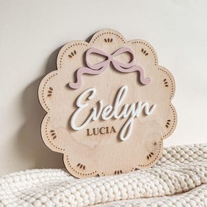 Letrero de madera con nombre para bebé, lazo rosa, decoración personalizada para guardería, anuncio de estadísticas de nacimiento, hospital, accesorio fotográfico para recién nacidos, placa de hito, encaje