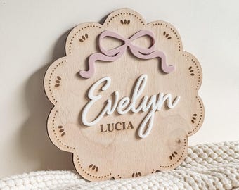 Wooden Baby Name Sign Bow Pink Girl Personalized Nursery Decor Birth Stats Announcement Hospital Newborn Photo Prop Milestone Plaque Lace