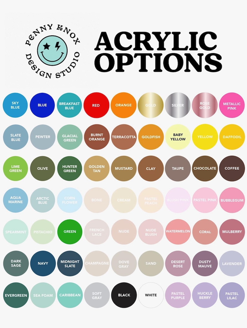May include: A chart of acrylic paint color options with names like Sky Blue, Terracotta, and Lavender. The chart is organized in rows and columns with each color represented by a circle.