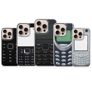 May include: A collection of five cell phone cases, each designed to resemble classic mobile phone models. The cases are in various colors, including black, white, and gray, with a modern smartphone camera bump.
