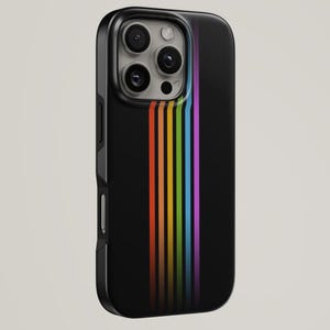 May include: Black smartphone case with a vertical rainbow stripe design. The case has a glossy finish and a protective bumper. The rainbow stripes include red, orange, yellow, green, blue, and purple.