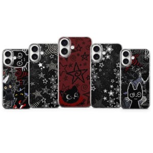May include: A collection of five phone cases with unique designs. Each case features a black cat illustration with various backgrounds, including stars, swirls, and a red background with a pentagram. The cases are designed for a smartphone.