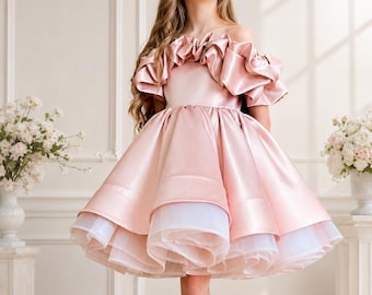 Blush Pink Satin Ruffle Dress, Handmade Flower Girl Princess Party Wedding