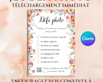 Gioco di sfida fotografica floreale, intrattenimento per matrimoni autunnali, unione civile, festa, modello Canva stampabile e personalizzabile in francese, attività per gli ospiti