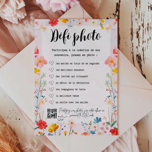 Jeu défi photo à imprimer, animation de mariage, fête ou anniversaire,  modèle Canva en français personnalisable qr code, fleurs champêtre