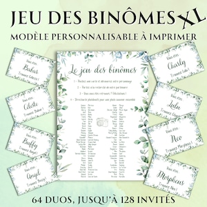 Jeu des binômes XL, animation de mariage eucalyptus - Jusqu'à 128 invités, modèle Canva en français  modifiable à imprimer, jeu Photobooth