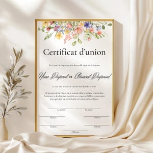 Heiratsurkunde für weltliche Hochzeit oder PACS-Zeremonie, Canva-Vorlage auf Französisch zum Personalisieren und Herunterladen, Vintage-Landhaus-Thema
