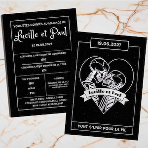 Invitation mariage - Faire part alternatif gothique carte lovers, modèle Canva en français à personnaliser, noir & blanc monochrome tarot