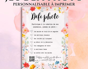 Printable photo challenge game, perfect for weddings, parties, or birthdays. Customizable Canva template in French with QR code and wildflowers.