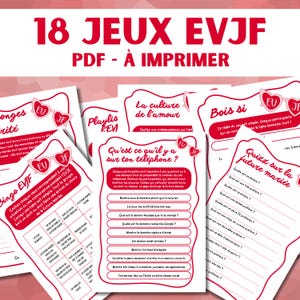 Peut inclure: Ensemble de feuilles de jeux imprimables pour un EVJF, avec des titres tels que "18 JEUX EVJF" et "Quizz sur la future mariée". Les feuilles blanches présentent du texte rouge et des graphiques en forme de cœur.