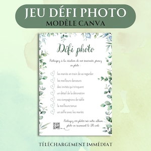 Peut inclure: Modèle Canva pour un défi photo de mariage. Le design présente le texte "Jeu Défi Photo" et "Modèle Canva" dans une bannière verte. Le corps principal comprend des invites pour les photos, avec des accents floraux.