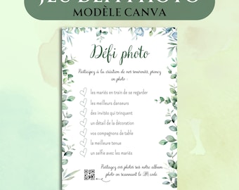 Gioco di sfida fotografica con l'eucalipto, intrattenimento per matrimoni, unione civile, festa, modello Canva stampabile personalizzabile in francese, attività per gli ospiti
