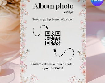 Shared photo album sign for a floral party - Make it easy to share photos with your guests - QR code poster for sharing wedding photos