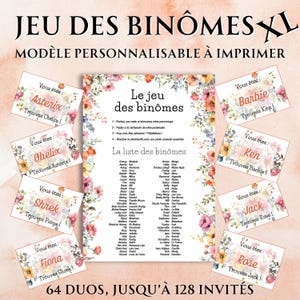 Jeu des binômes mariage fleuri XL jusqu'à 128 invités, modèle Canva en français à imprimer - Animation vin d'honneur, jeux photobooth