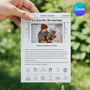 Może przedstawiać: Ogłoszenie ślubne zaprojektowane na wzór gazety, trzymane w dłoni. Nagłówek brzmi "La Gazette du mariage" z imionami "Pauline & Jonathan" i datą "17.08.2028". Zawiera zdjęcie pary i oś czasu wydarzenia.