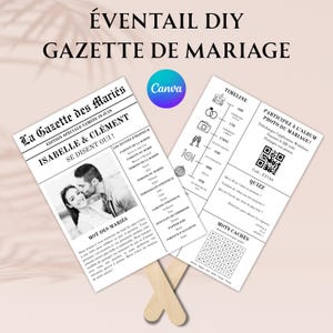 Peut inclure: Un éventail de mariage noir et blanc avec un design de journal. L'éventail présente une photo de couple, une chronologie, un quiz et une recherche de mots. Le texte sur l'éventail indique "La Gazette des Mariés" et "ÉVENTAIL DIY GAZETTE DE MARIAGE".