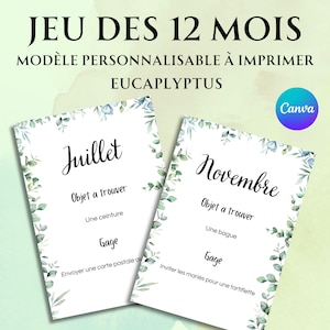 Può includere: Due carte stampabili con un bordo di foglie verdi. La carta superiore dice "Juillet" e la carta inferiore dice "Novembre". Entrambe le carte hanno il testo "Objet a trouver" e uno spazio vuoto per una descrizione. Le carte hanno anche il testo "Gage" e uno spazio vuoto per una descrizione.