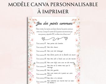 Jeu des points communs, animation de mariage originale, modèle Canva en français, activité pour témoins, jeux mariage fleurs vintage