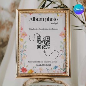 Peut inclure: Un cadre doré avec le texte "Album photo partagé" et des instructions pour télécharger l'application Wedshoots. Le cadre comprend un code QR et le code "OpmLJHG26953". Le fond est orné de motifs floraux.
