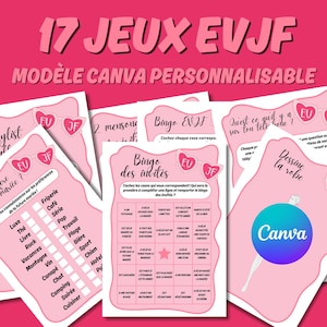 Peut inclure: Un ensemble de 17 jeux imprimables pour un enterrement de vie de jeune fille ou une fête de mariage. Les jeux sont roses et blancs avec un design amusant et ludique. Les jeux comprennent "Bingo des invites", "Dessine la robe", et "Qu'est ce qu'il y a sur ton tele phone?"