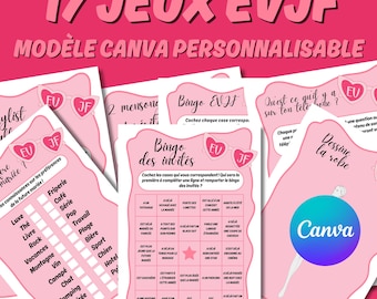May include: A set of 17 printable games for a bridal shower or hen party. The games are pink and white with a fun, playful design. The games include "Bingo des invites", "Dessine la robe", and "Qu'est ce qu'il y a sur ton tele phone?"