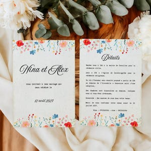 Faire-part, Invitation de mariage, Motif fleurs colorées aquarelle, Personnalisable sur Canva, Modèle à Imprimer, Template recto verso A5