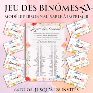 Jeu des binômes champêtre XL jusqu'à 128 invités, modèle Canva en français modifiable à imprimer - Animation vin d'honneur, jeux de mariage