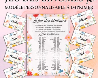 Jeu des binômes champêtre XL jusqu'à 128 invités, modèle Canva en français modifiable à imprimer - Animation vin d'honneur, jeux de mariage