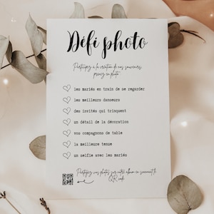 Jeu mariage défi photo modèle Canva en français à télécharger et à imprimer -  Animation vin d'honneur - minimaliste N&B, avec guide QR code