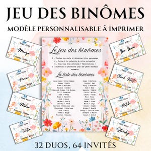 Juego de parejas, animación nupcial - 32 dúos para 64 invitados, modelo Canva en francés, editable e imprimible - Flores campestres de colores