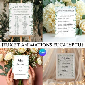 Jeu des binômes, défi photo, points communs et 12 mois - Pack bundle jeux et animation de mariage eucalyptus personnalisables à imprimer