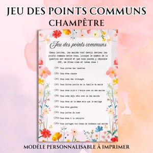Jeu des points communs à imprimer, modèle Canva en français personnalisable, activité pour témoins à organiser, animation mariage champêtre