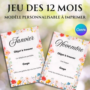 Può includere: Una carta di gioco stampabile con un bordo floreale. La carta è per il mese di gennaio e include il testo "Objet à trouver" (francese per "Oggetto da trovare") e "Gage" (francese per "Sfida"). La carta elenca un telefono cellulare come oggetto da trovare e offre una galette des rois (francese per "Torta dei Re") come sfida.