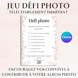 Vintage floral photo challenge game, wedding entertainment, civil partnership, party, customizable French Canva template to print, activity for guests