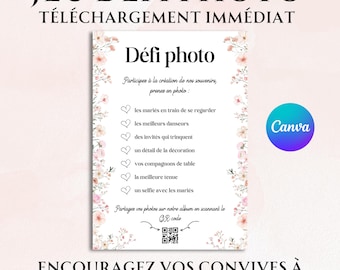 Gioco di sfida fotografica floreale vintage, intrattenimento per matrimoni, unione civile, festa, modello Canva francese personalizzabile da stampare, attività per gli ospiti